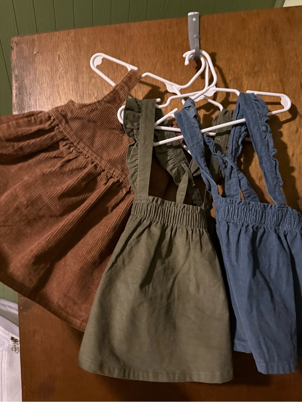 Carter's Trio Suspender Skirts in Brown, Olive & Denim Blue